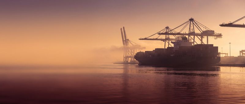Container vessel and port cranes at golden hour